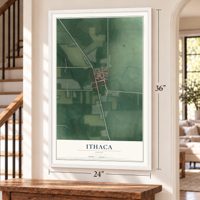 Ithaca, Ohio map, 24 x 36 inch print in a white frame by a staircase