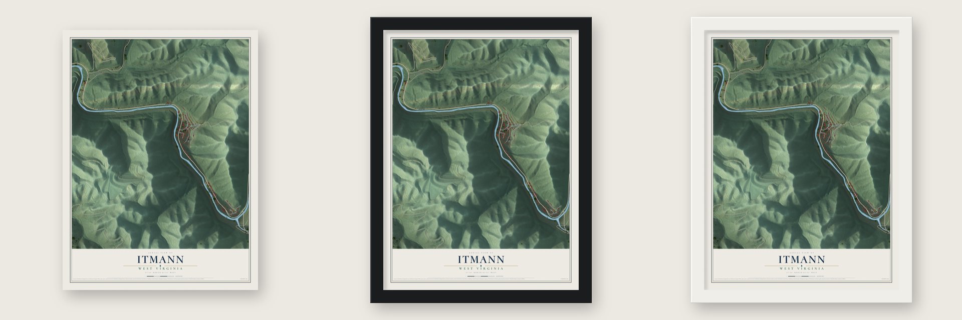 Itmann, West Virginia map unframed, in a black wood frame and in a white wood frame