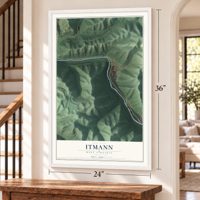 Itmann, West Virginia map, 24 x 36 inch print in a white frame by a staircase