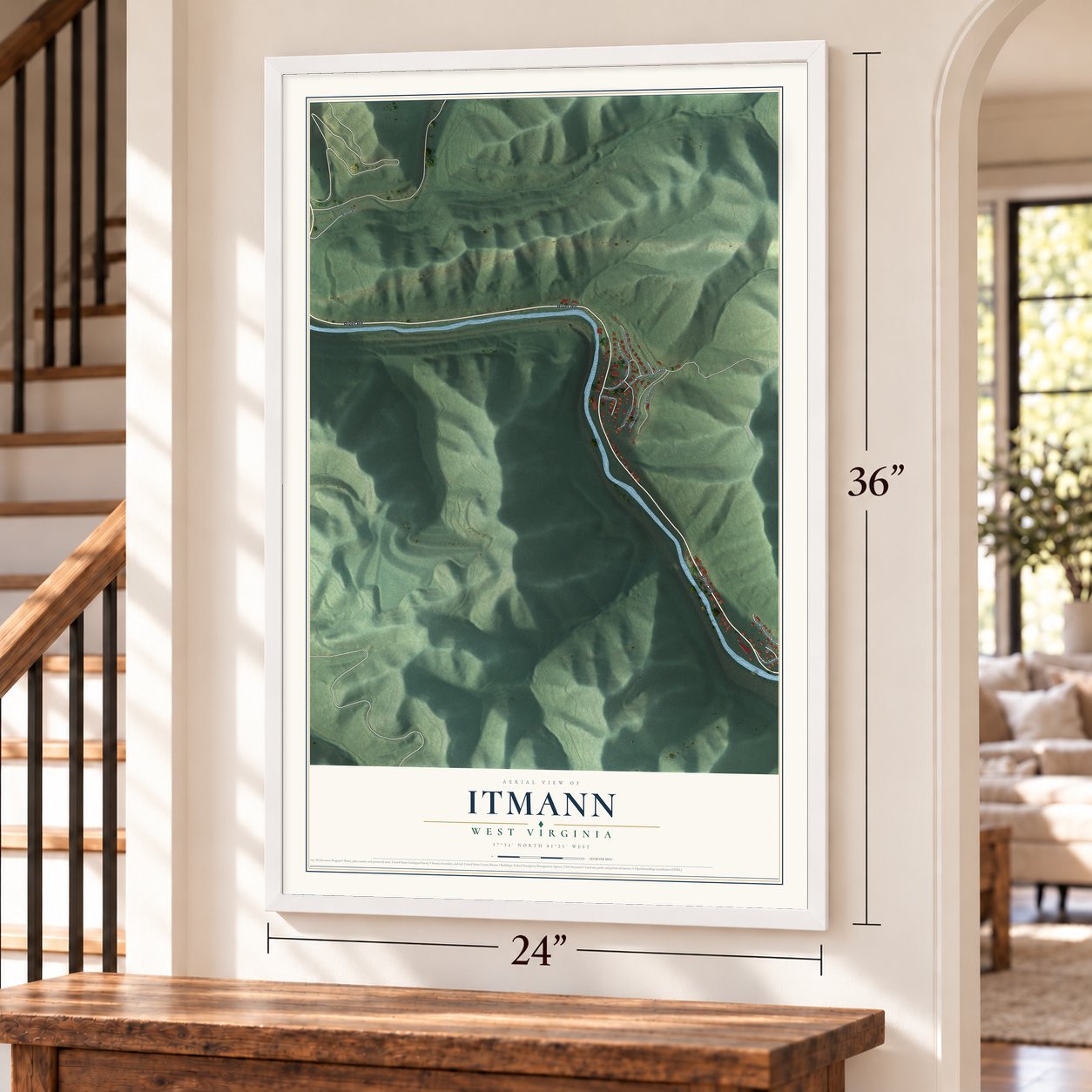 Itmann, West Virginia map, 24 x 36 inch print in a white frame by a staircase