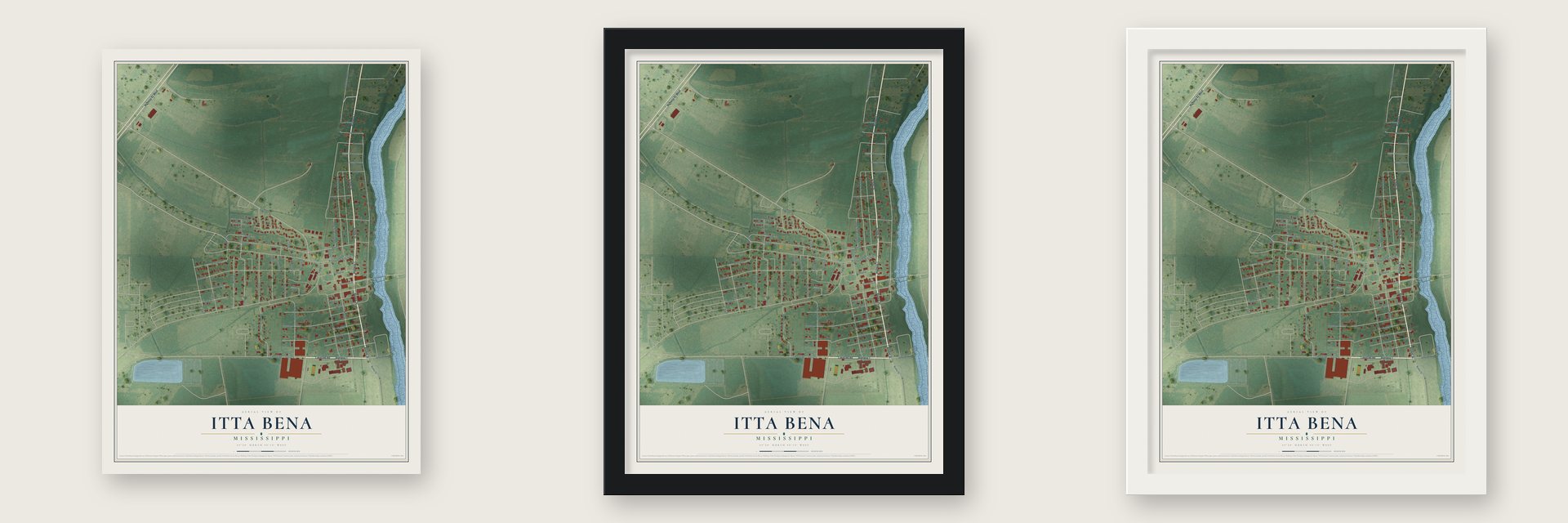 Itta Bena, Mississippi map unframed, in a black wood frame and in a white wood frame