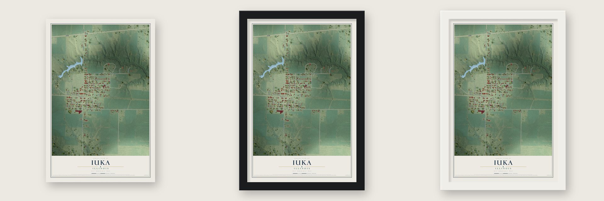 Iuka, Illinois map unframed, in a black wood frame and in a white wood frame