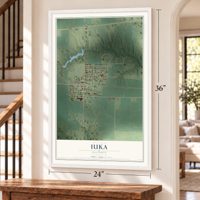 Iuka, Illinois map, 24 x 36 inch print in a white frame by a staircase