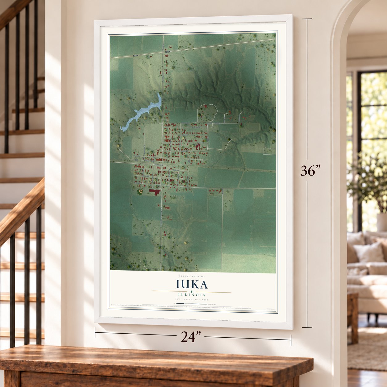 Iuka, Illinois map, 24 x 36 inch print in a white frame by a staircase