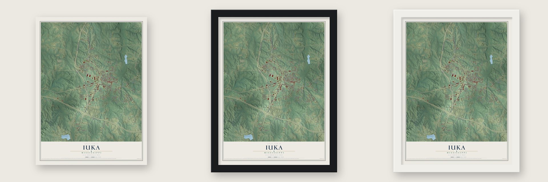 Iuka, Mississippi map unframed, in a black wood frame and in a white wood frame
