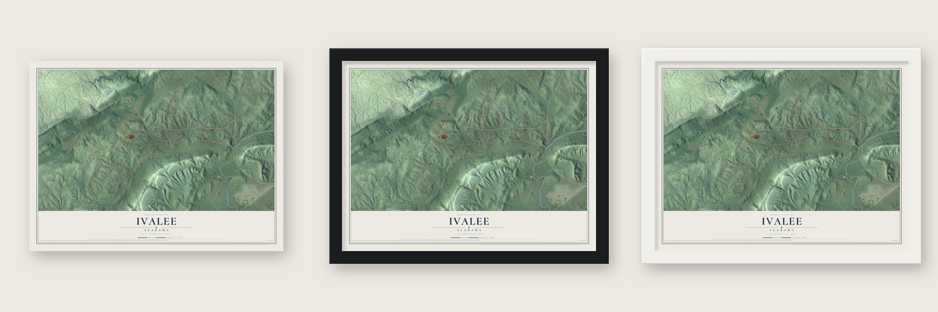 Ivalee, Alabama map unframed, in a black wood frame and in a white wood frame
