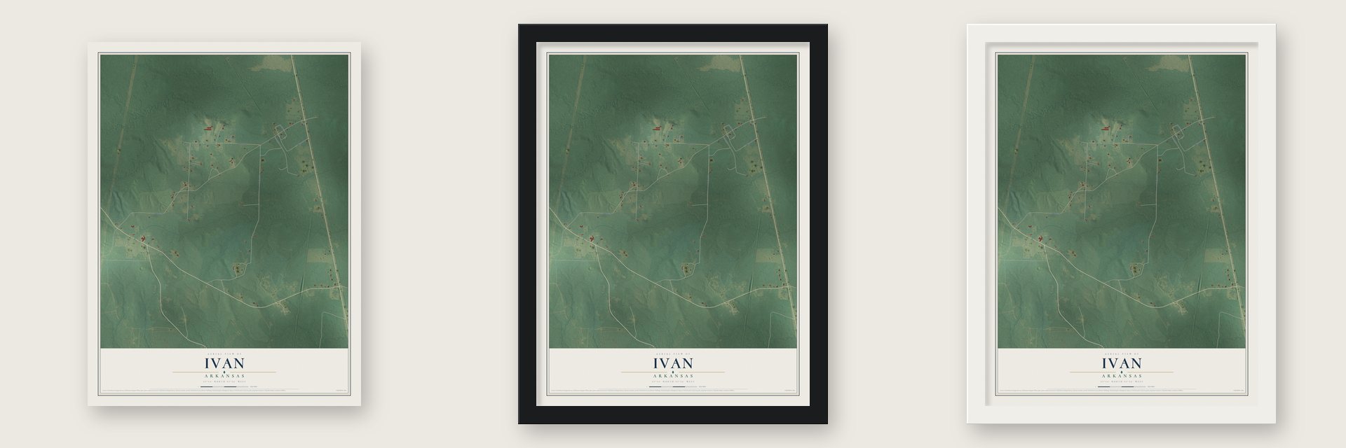 Ivan, Arkansas map unframed, in a black wood frame and in a white wood frame