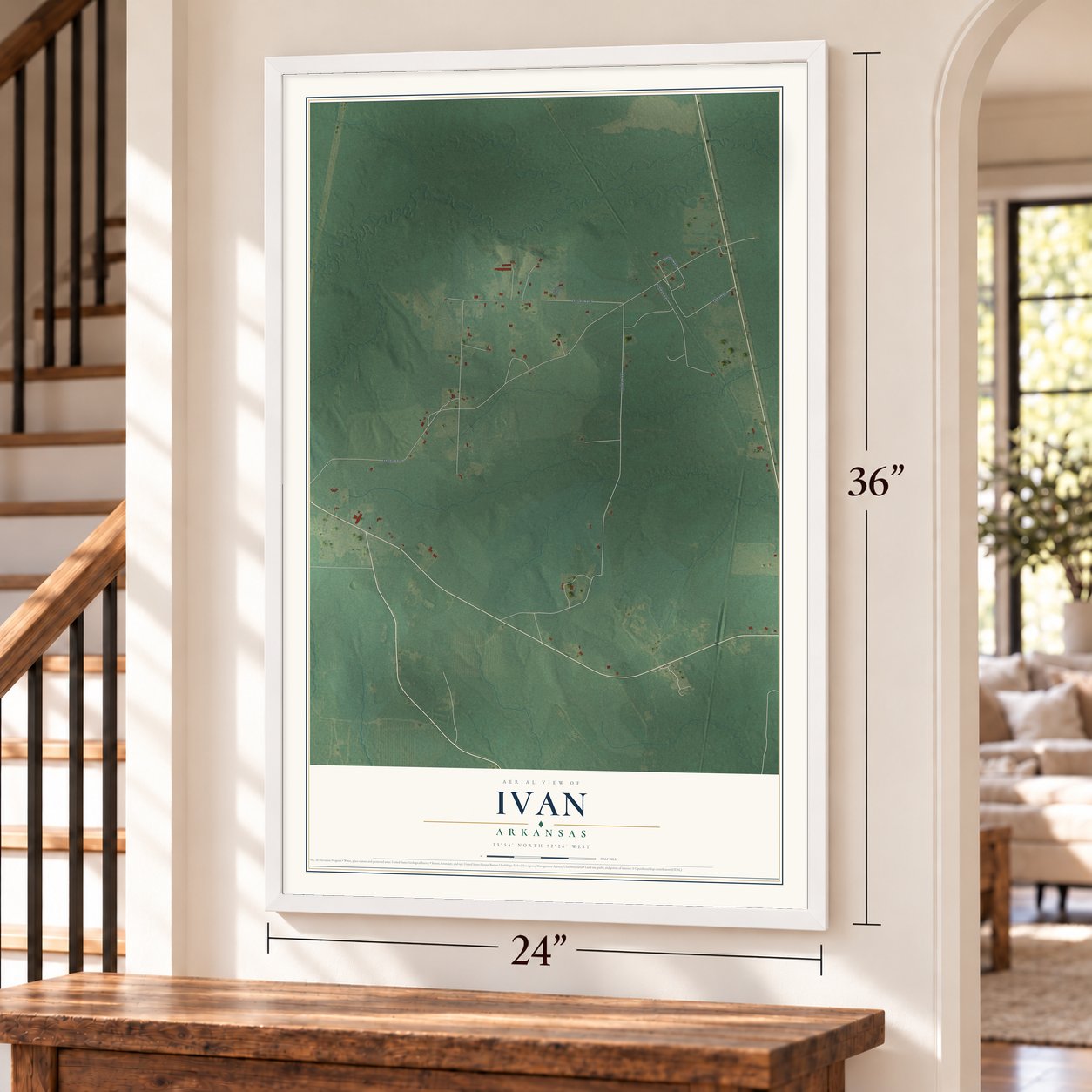 Ivan, Arkansas map, 24 x 36 inch print in a white frame by a staircase