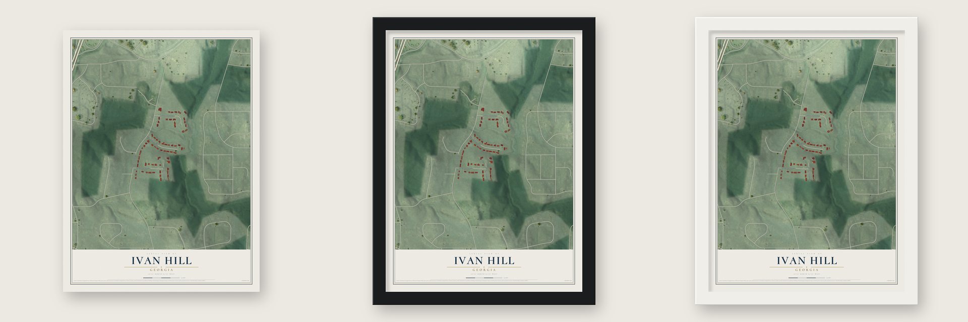 Ivan Hill, Georgia map unframed, in a black wood frame and in a white wood frame