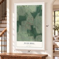 Ivan Hill, Georgia map, 24 x 36 inch print in a white frame by a staircase