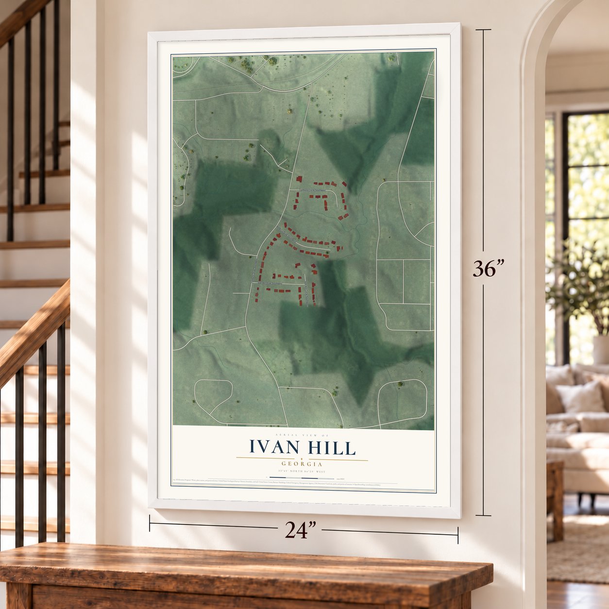 Ivan Hill, Georgia map, 24 x 36 inch print in a white frame by a staircase