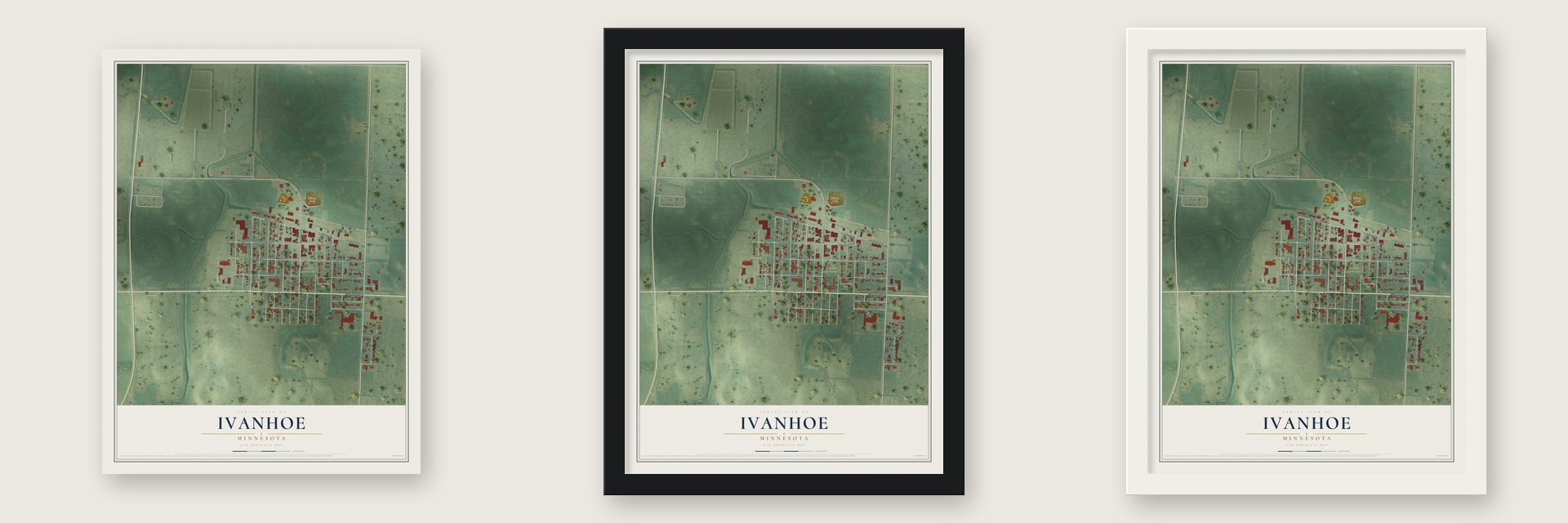 Ivanhoe, Minnesota map unframed, in a black wood frame and in a white wood frame