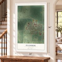 Ivanhoe, Minnesota map, 24 x 36 inch print in a white frame by a staircase
