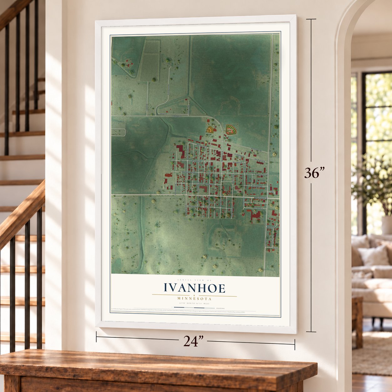 Ivanhoe, Minnesota map, 24 x 36 inch print in a white frame by a staircase