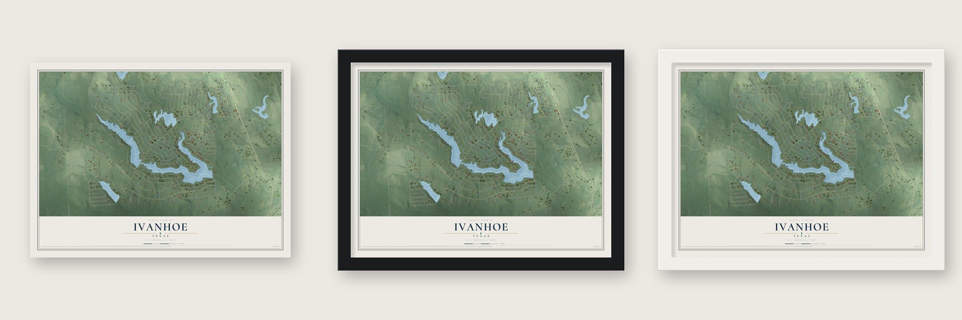 Ivanhoe, Texas map unframed, in a black wood frame and in a white wood frame