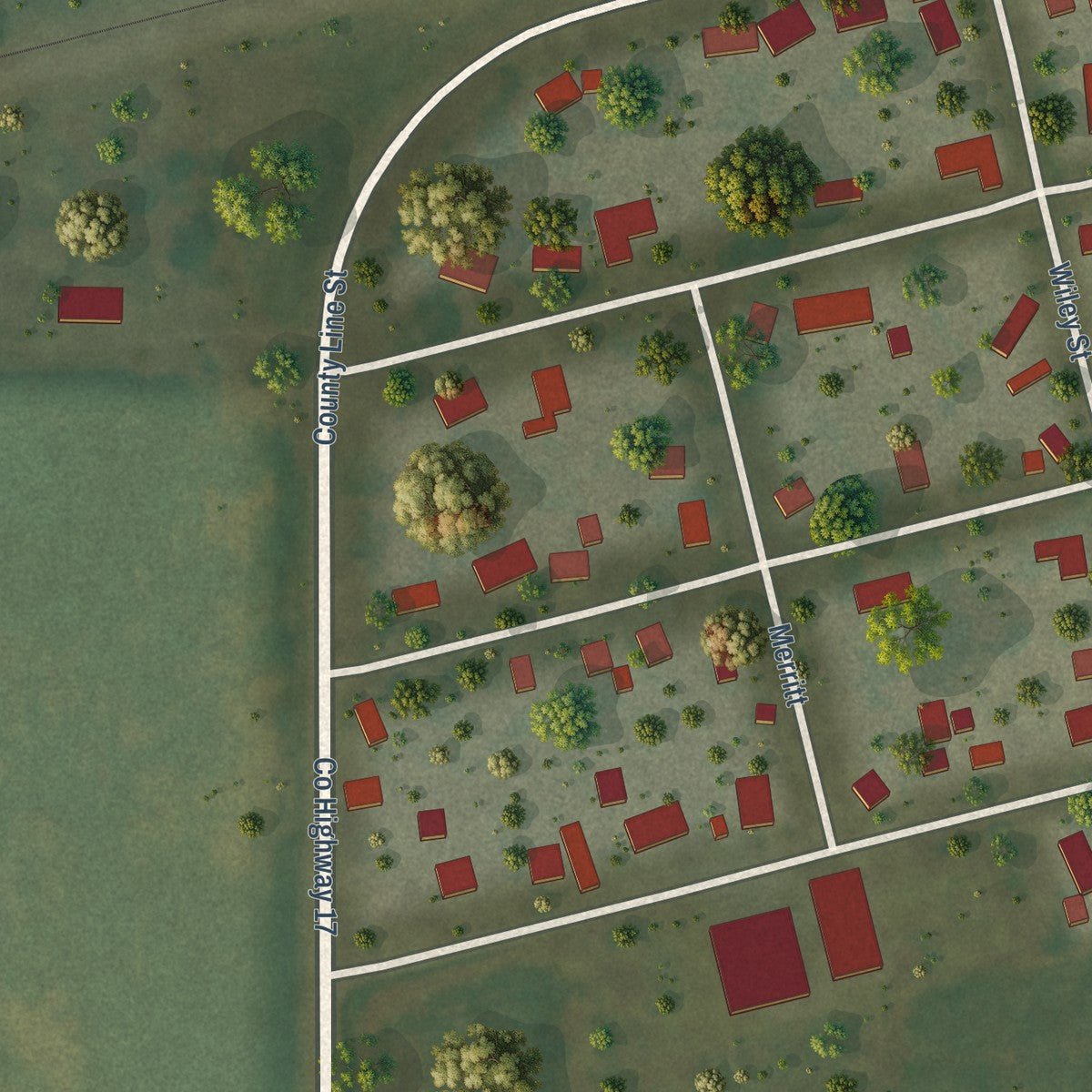 Second close-up of the map of Ivesdale, Illinois print showing more streets and buildings