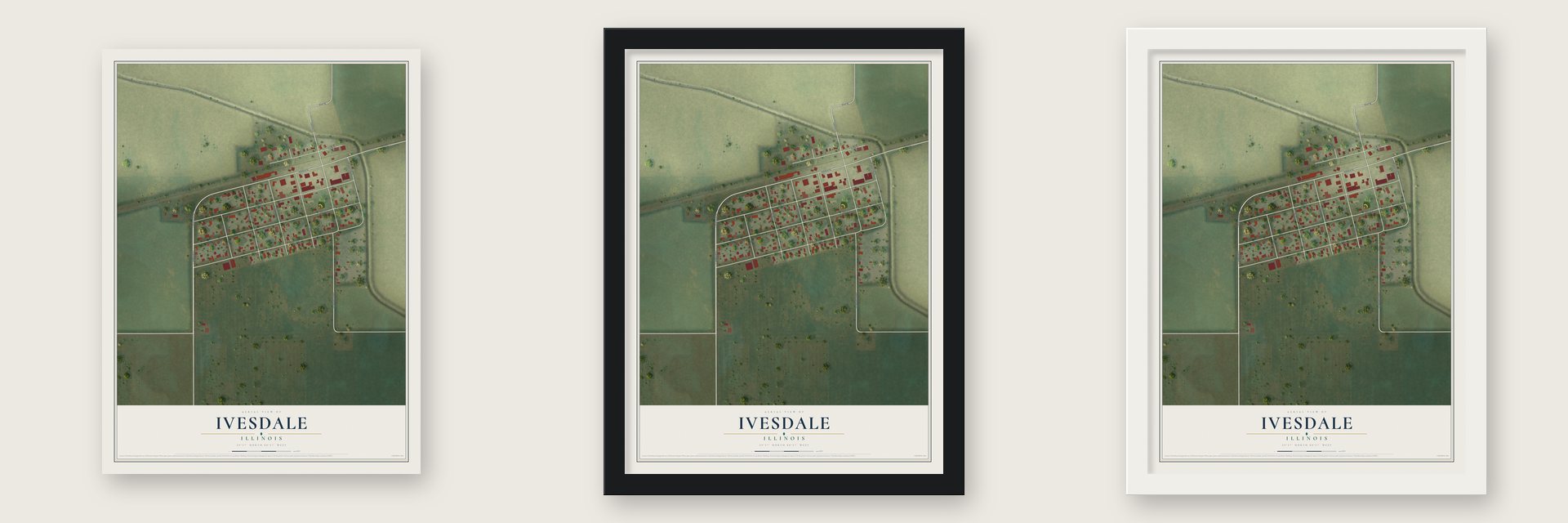 Ivesdale, Illinois map unframed, in a black wood frame and in a white wood frame