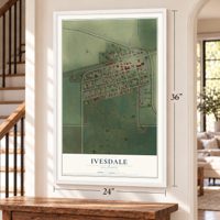 Ivesdale, Illinois map, 24 x 36 inch print in a white frame by a staircase