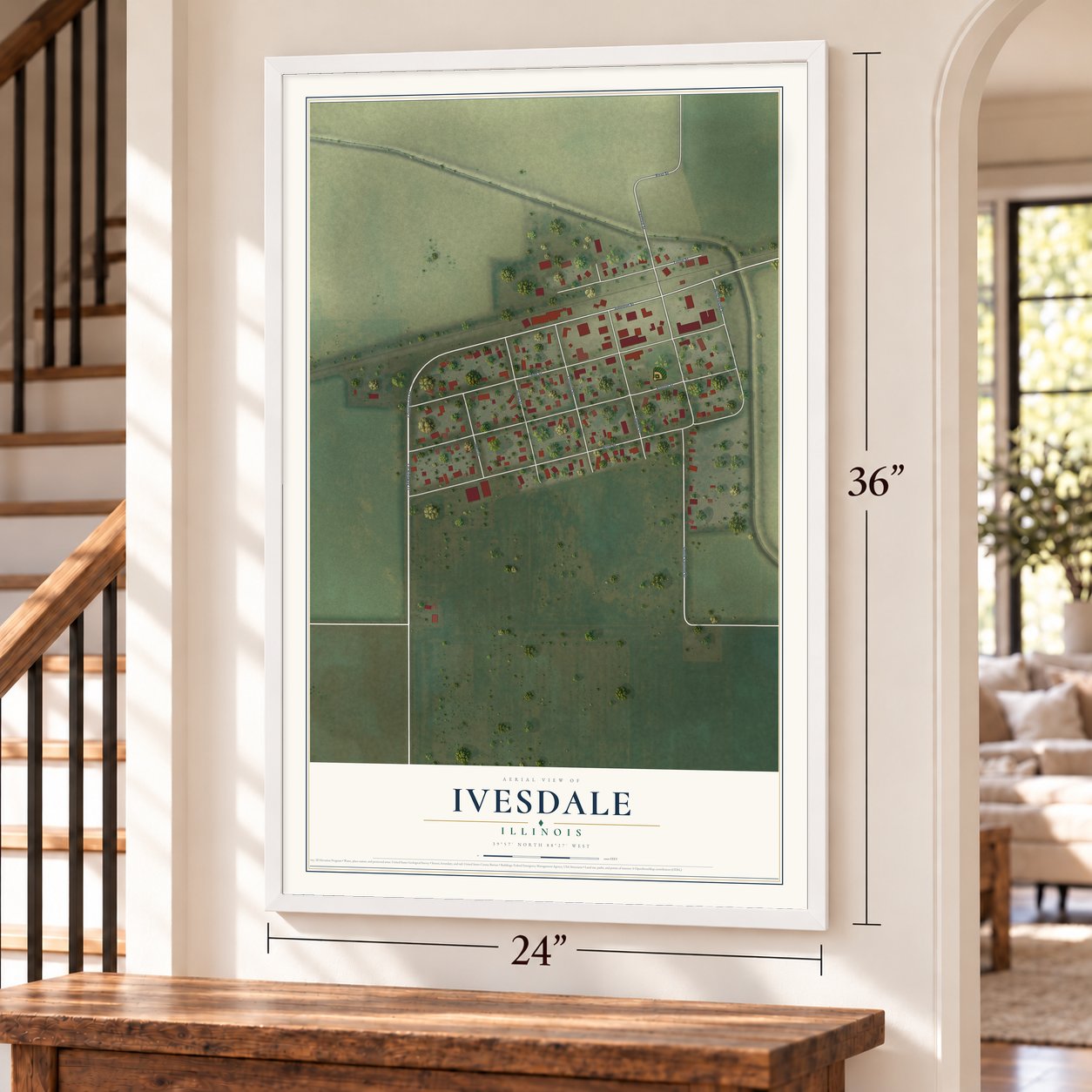 Ivesdale, Illinois map, 24 x 36 inch print in a white frame by a staircase