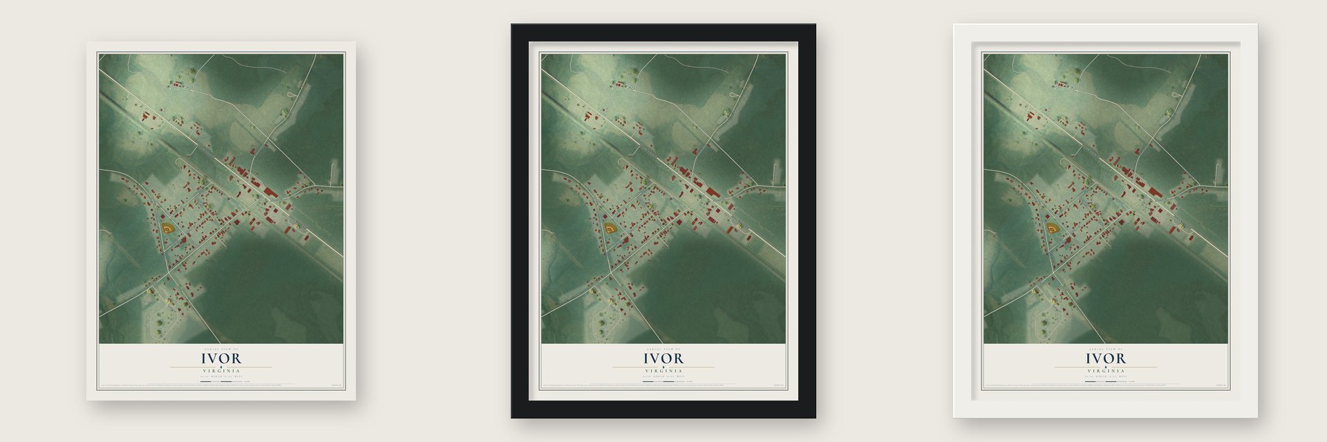 Ivor, Virginia map unframed, in a black wood frame and in a white wood frame