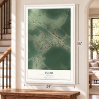 Ivor, Virginia map, 24 x 36 inch print in a white frame by a staircase