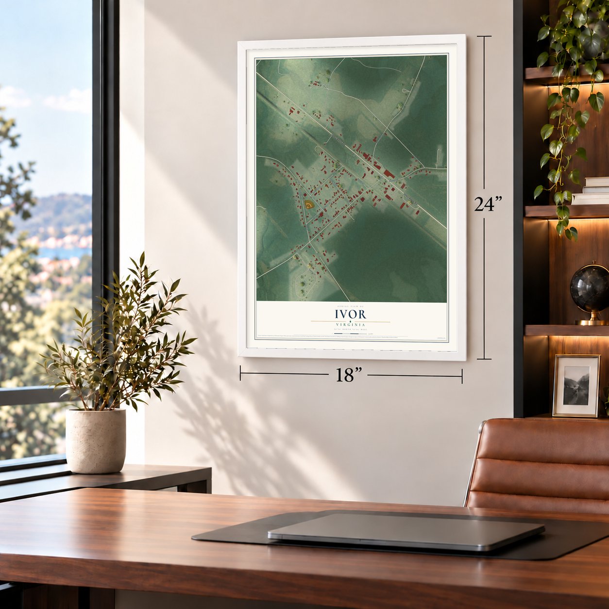 Ivor, Virginia map, 18 x 24 inch print in a white frame in a home office