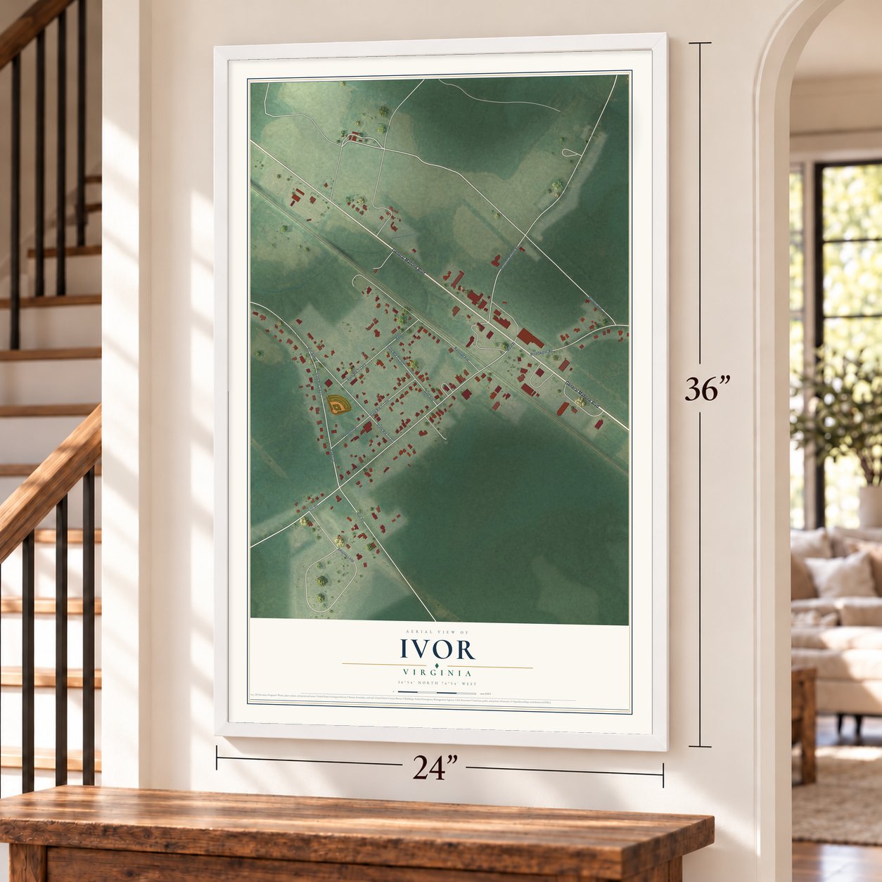 Ivor, Virginia map, 24 x 36 inch print in a white frame by a staircase