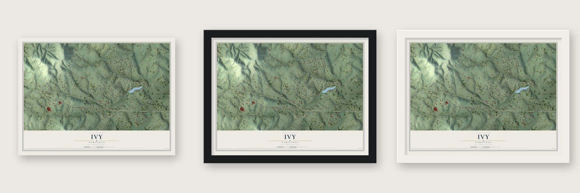 Ivy, Virginia map unframed, in a black wood frame and in a white wood frame