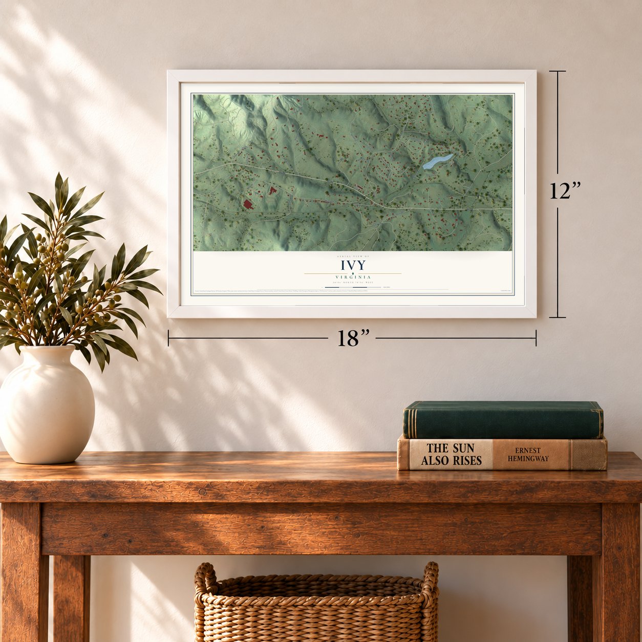 Ivy, Virginia map, 12 x 18 inch print in a white frame in an entryway