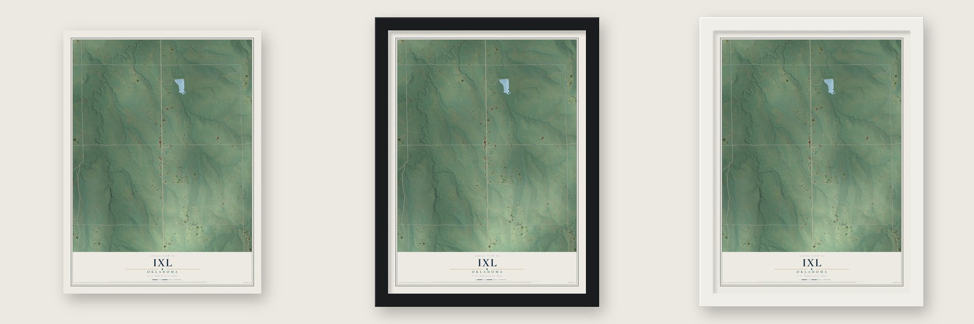 IXL, Oklahoma map unframed, in a black wood frame and in a white wood frame