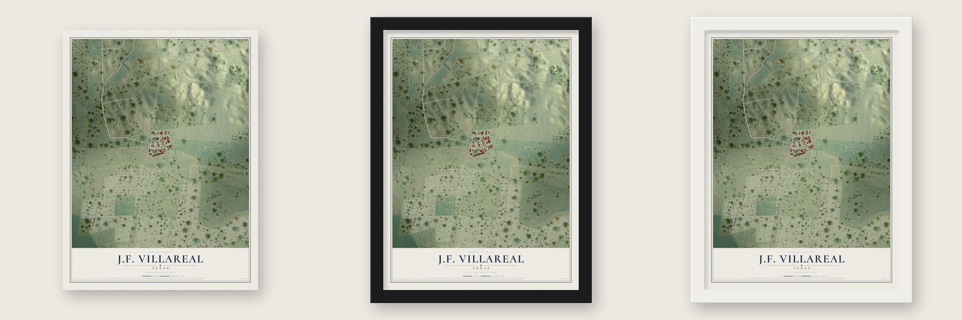 J.F. Villareal, Texas map unframed, in a black wood frame and in a white wood frame