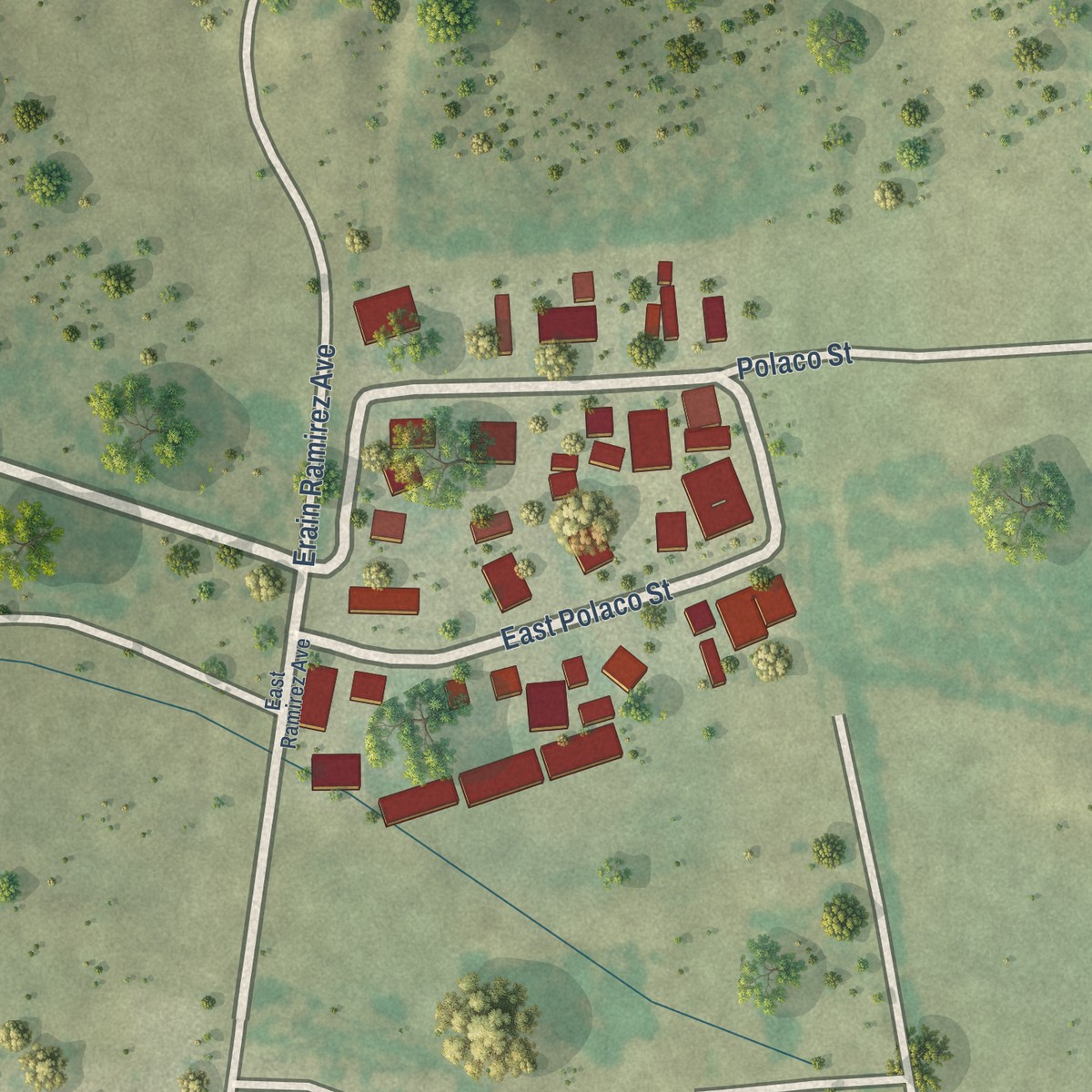 Second close-up of the map of J.F. Villareal, Texas print showing more streets and buildings