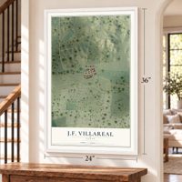J.F. Villareal, Texas map, 24 x 36 inch print in a white frame by a staircase