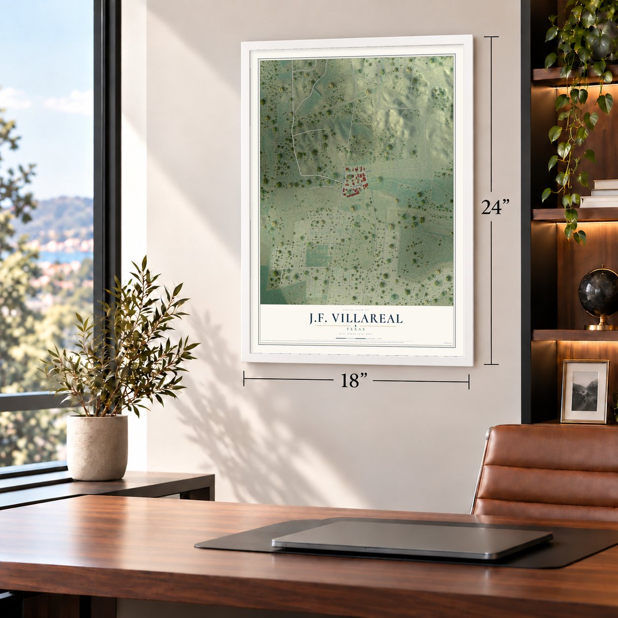 J.F. Villareal, Texas map, 18 x 24 inch print in a white frame in a home office
