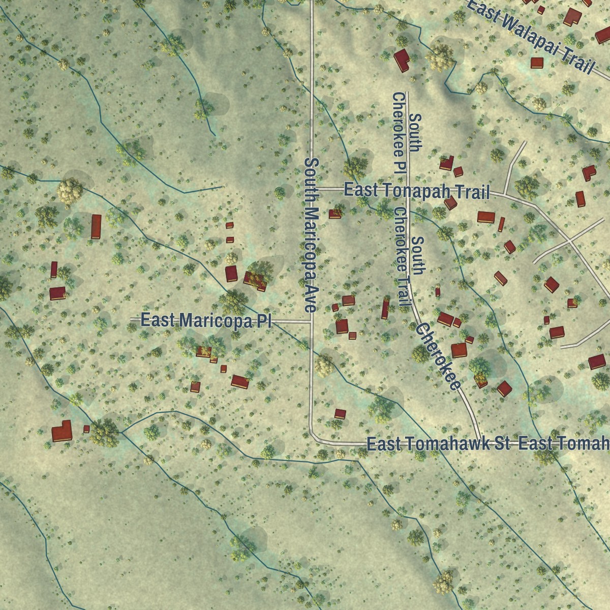 Second close-up of the map of J-Six Ranchettes, Arizona print showing more streets and buildings