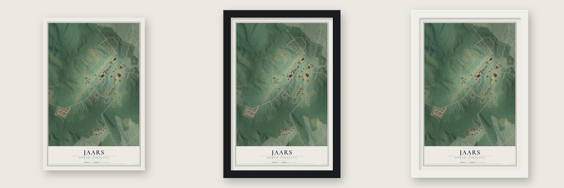 JAARS, North Carolina map unframed, in a black wood frame and in a white wood frame
