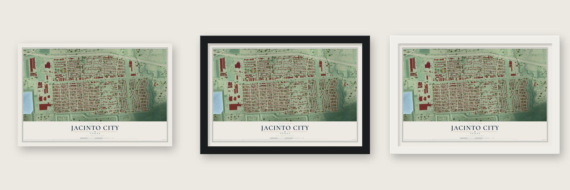 Jacinto City, Texas map unframed, in a black wood frame and in a white wood frame