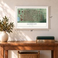Jacinto City, Texas map, 12 x 18 inch print in a white frame in an entryway
