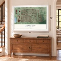 Jacinto City, Texas map, 24 x 36 inch print in a white frame above a dresser by a staircase