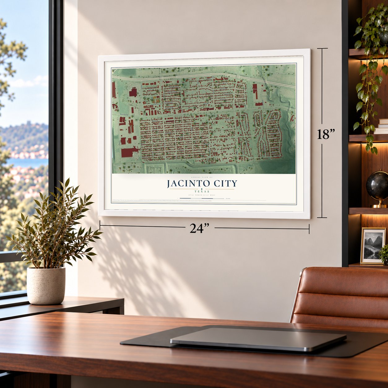 Jacinto City, Texas map, 18 x 24 inch print in a white frame in a home office