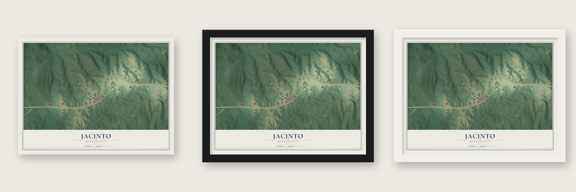 Jacinto, Mississippi map unframed, in a black wood frame and in a white wood frame