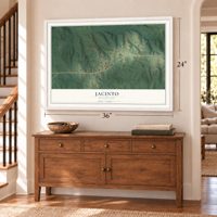 Jacinto, Mississippi map, 24 x 36 inch print in a white frame above a dresser by a staircase