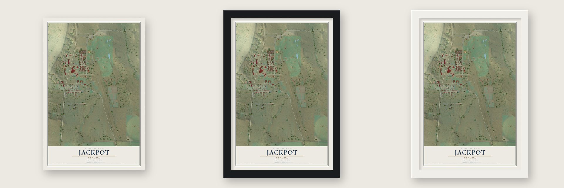 Jackpot, Nevada map unframed, in a black wood frame and in a white wood frame