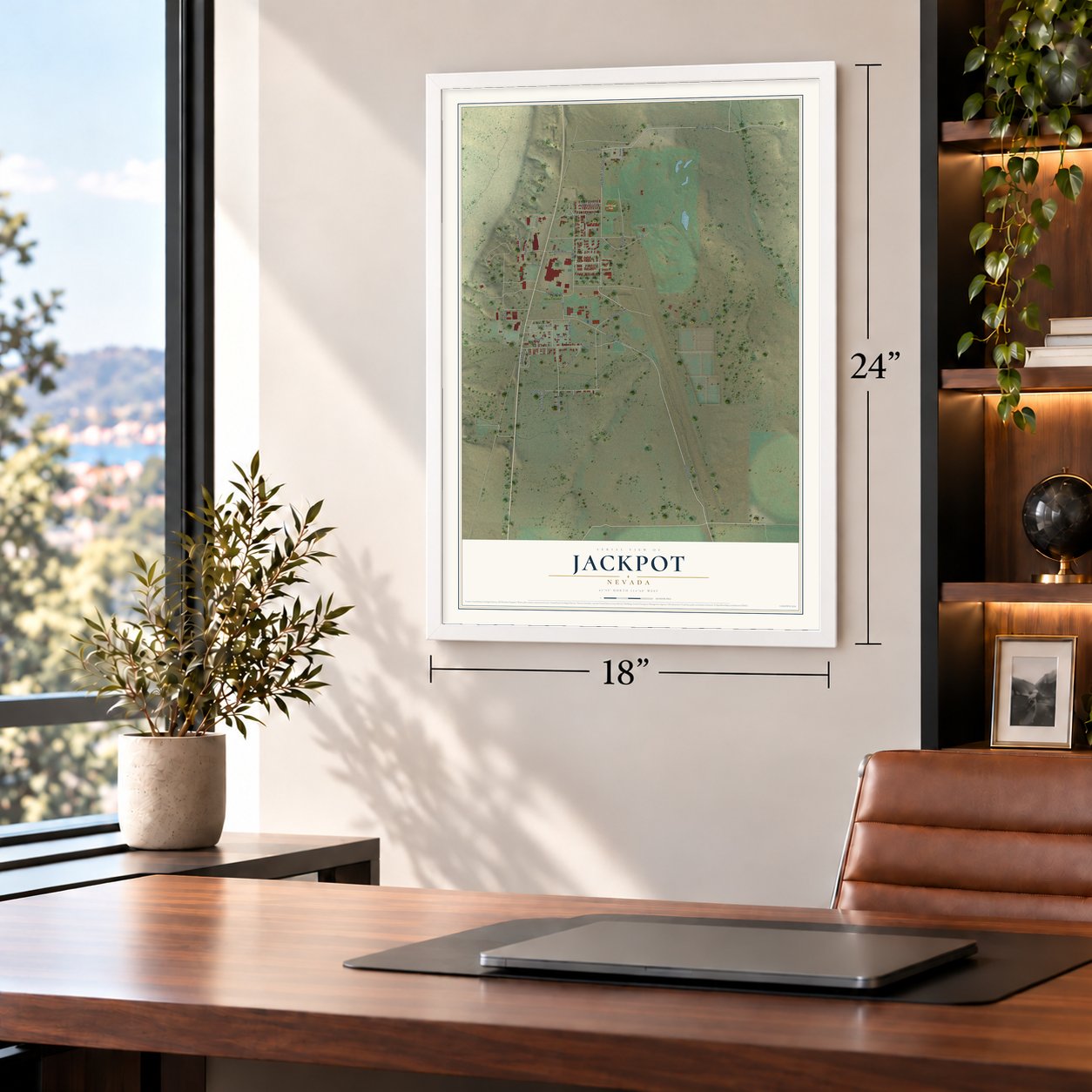 Jackpot, Nevada map, 18 x 24 inch print in a white frame in a home office