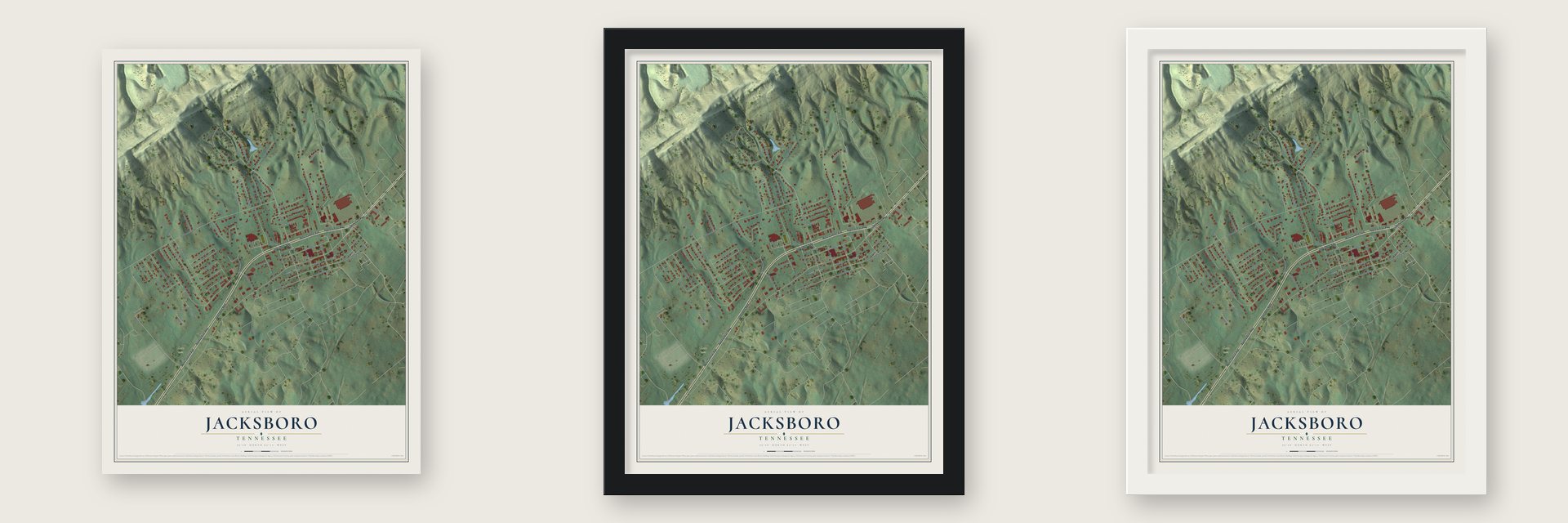 Jacksboro, Tennessee map unframed, in a black wood frame and in a white wood frame