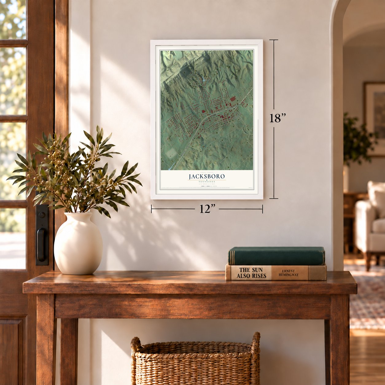 Jacksboro, Tennessee map, 12 x 18 inch print in a white frame in an entryway