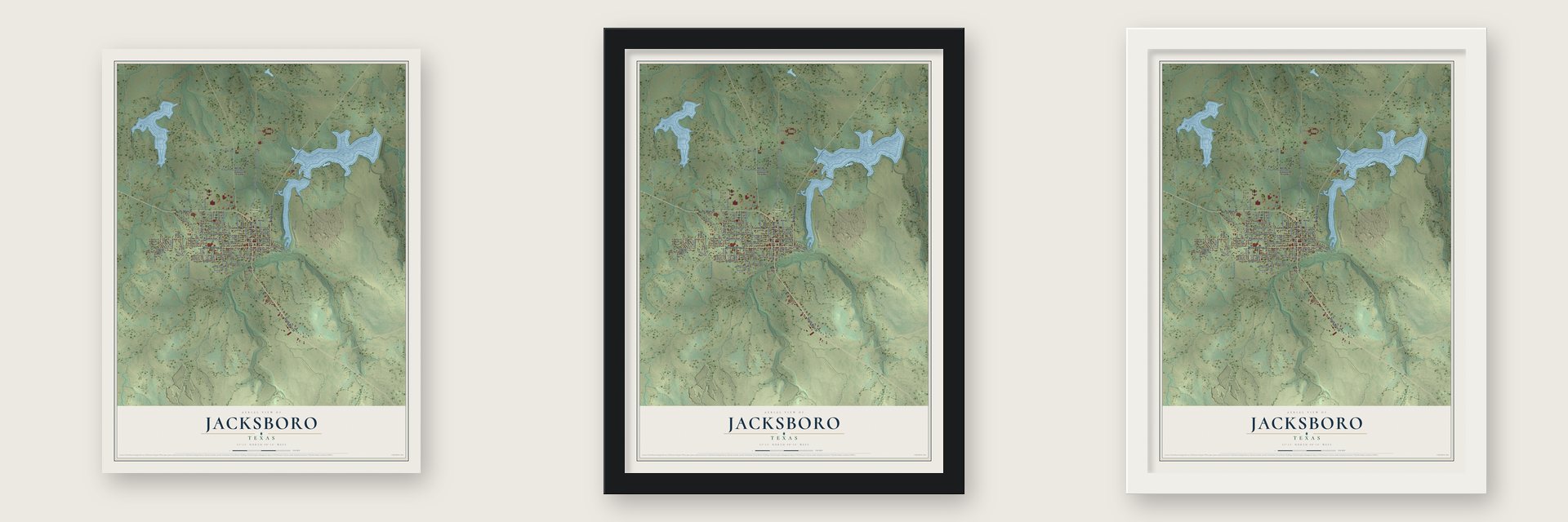 Jacksboro, Texas map unframed, in a black wood frame and in a white wood frame