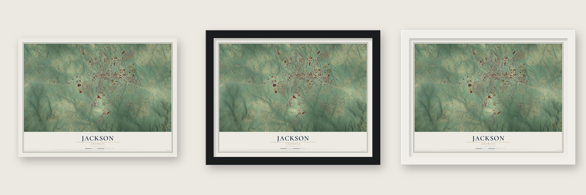 Jackson, Georgia map unframed, in a black wood frame and in a white wood frame