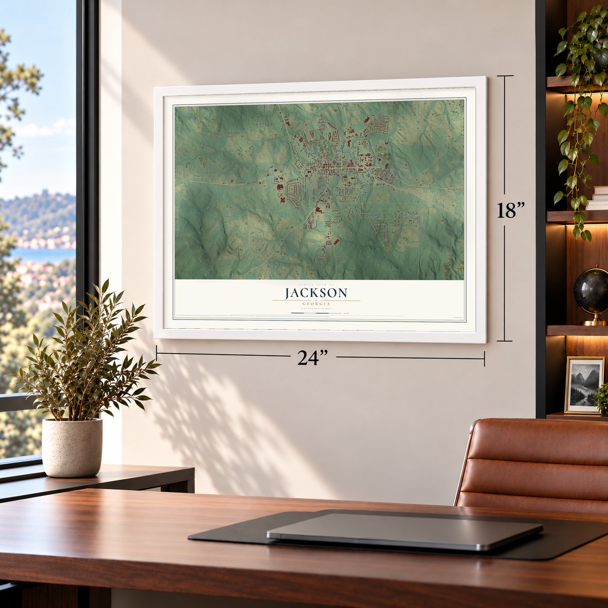 Jackson, Georgia map, 18 x 24 inch print in a white frame in a home office