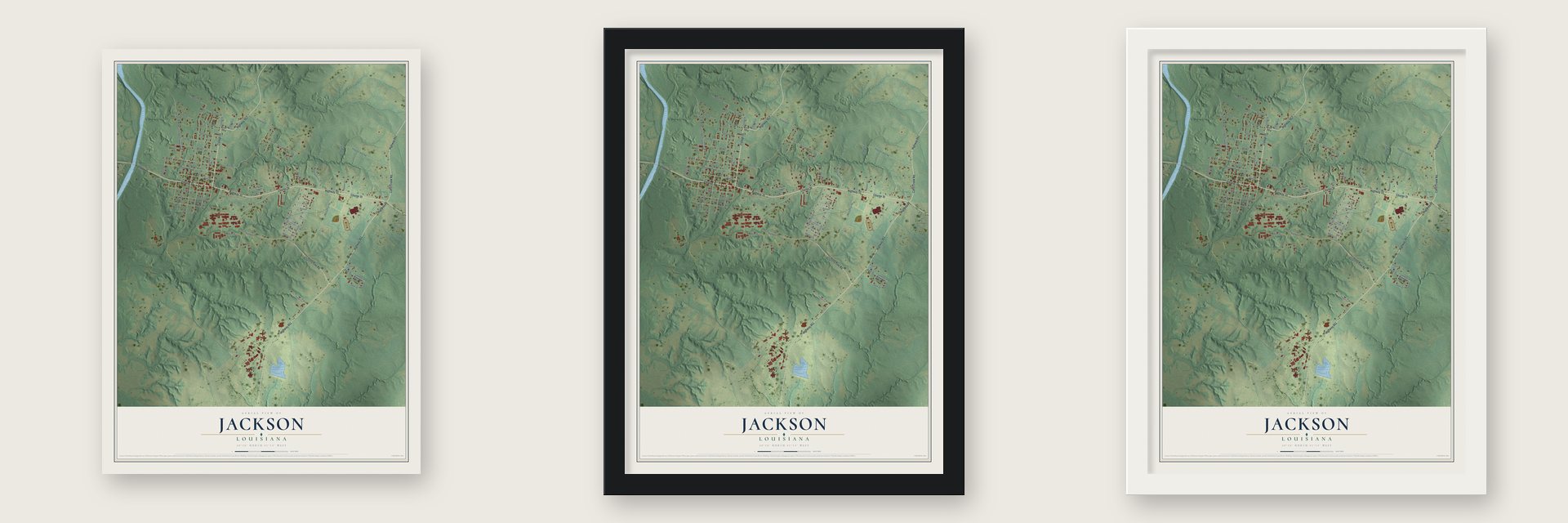 Jackson, Louisiana map unframed, in a black wood frame and in a white wood frame